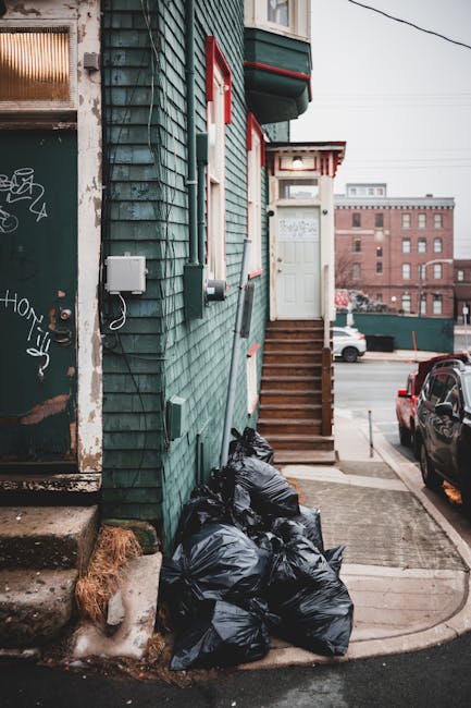 In the foreground of the image, there are multiple black rubbish bags stacked against the exterior wall of a building, located on a paved sidewalk area. The building features weathered, dark green wooden cladding with visible texture, and some areas show signs of dirt and minor damage. To the left, a partially accessible door with graffiti and chipped paint below a small window can be seen, indicating an urban setting. Adjacent to the rubbish bags, a set of wooden steps with a reddish-brown finish leads up to a white door, which is part of a residential or commercial property. The building has white trim around the door and window frames, along with small decorative elements. In the background, a multi-storey brick building and parked cars on the street are visible, suggesting a city or town environment. The overall scene appears to be a typical urban roadside area designated for waste collection or private rubbish disposal, while the presence of Waste Clearance Belsize Park's service is implied through the context of alternative rubbish removal within this setting.